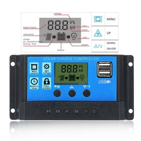 12V 24V 30A 20A 10Amp PWM ソーラーチャージコントローラ 2 USB 5V 2A MCU コントロール