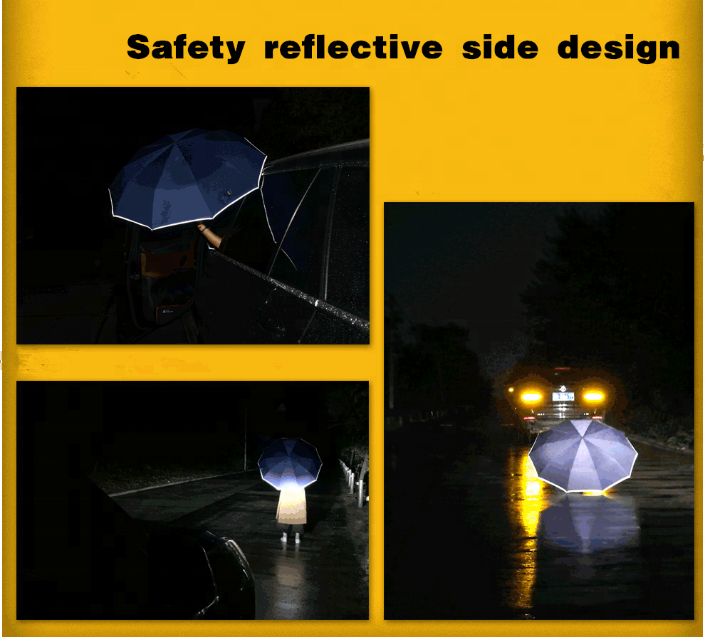 Black Safety Reflection Automatic Rain Umbrella Windproof Logo Printing