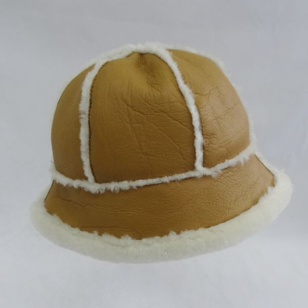 Women shearling lined sheepskin beanie bucket winter hat 6 panel hat