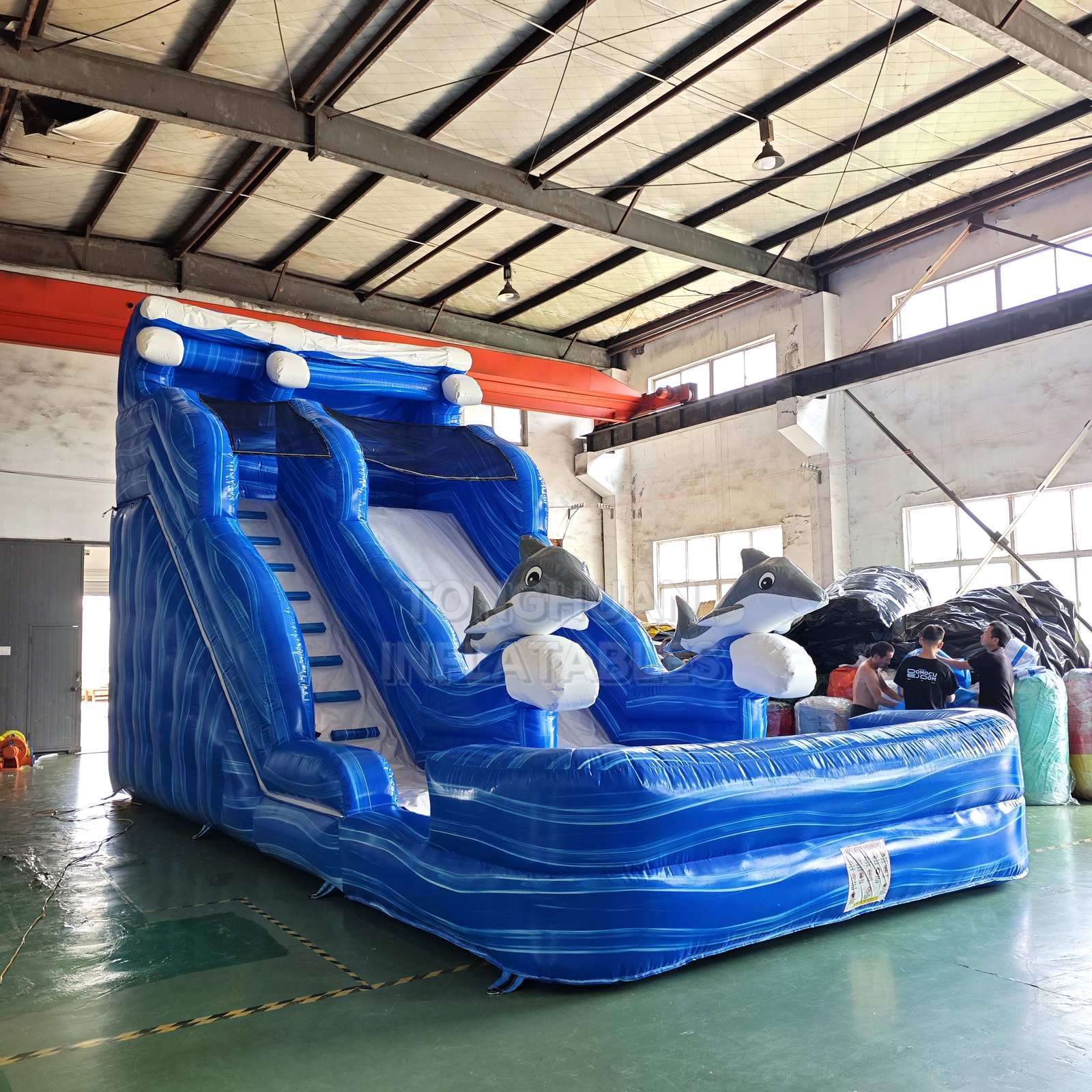 Commercial Blue Whale Inflatable Water Slide with Dual Lanes Splash Pool and Safety Walls for Water Parks Resorts and Rentals