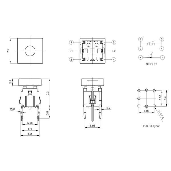 180 Degree Illuminated Push Switch 50mA Horizontal Operation