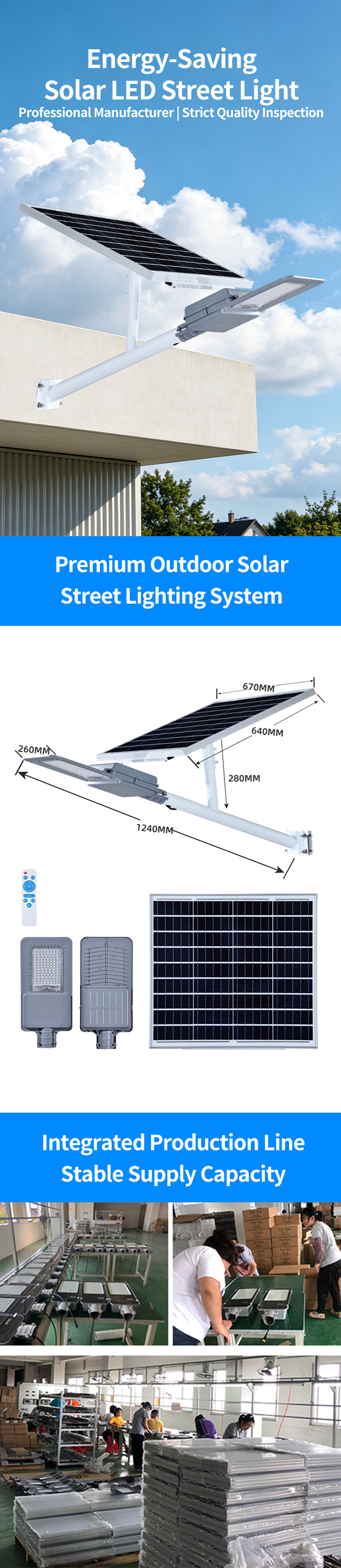 IP65 Solar Powered LED Street Light, Anti-Rust Aluminum Alloy Outdoor Lamp,High Conversion Solar Panel & New Lithium Battery