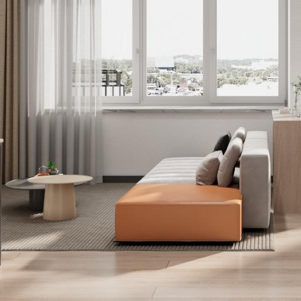 Mobiliário de apartamento moderno, elegante e prático com sofás de cores correspondentes
