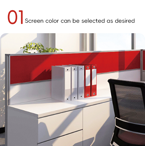 Posición de trabajo de personal en forma de L con pantalla de color blanco y rojo para mayor privacidad