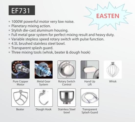 Easten 4.5 Litres S.S Bowl Diecasting Kitchen Mixer Aid EF731/ 1000W Desktop Kitchen Baking Mixer Machine