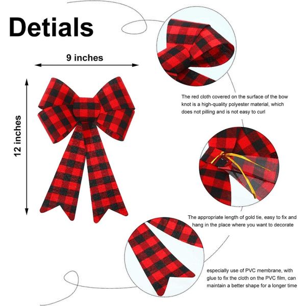 Large PVC Plastic Bow Christmas Wreath Bow for Xmas Decoration in Buffalo Plaid Check