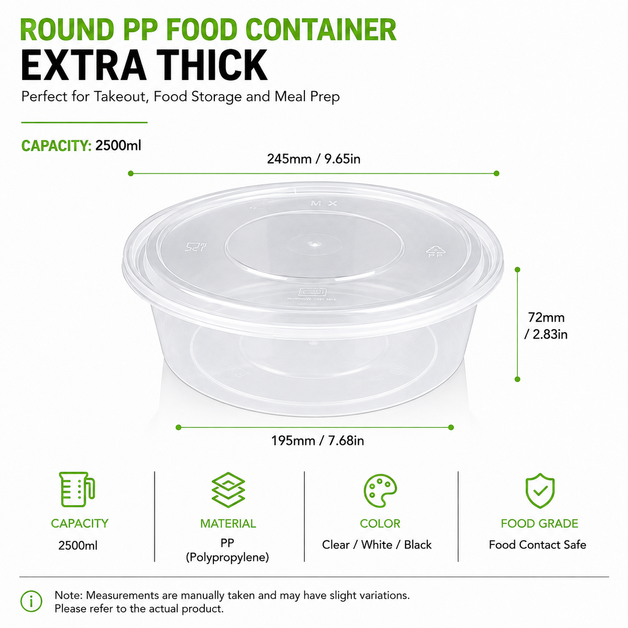 Fitted Lid Disposable Food Bowls 2500ml Extra Thick PP Meal Prep Container