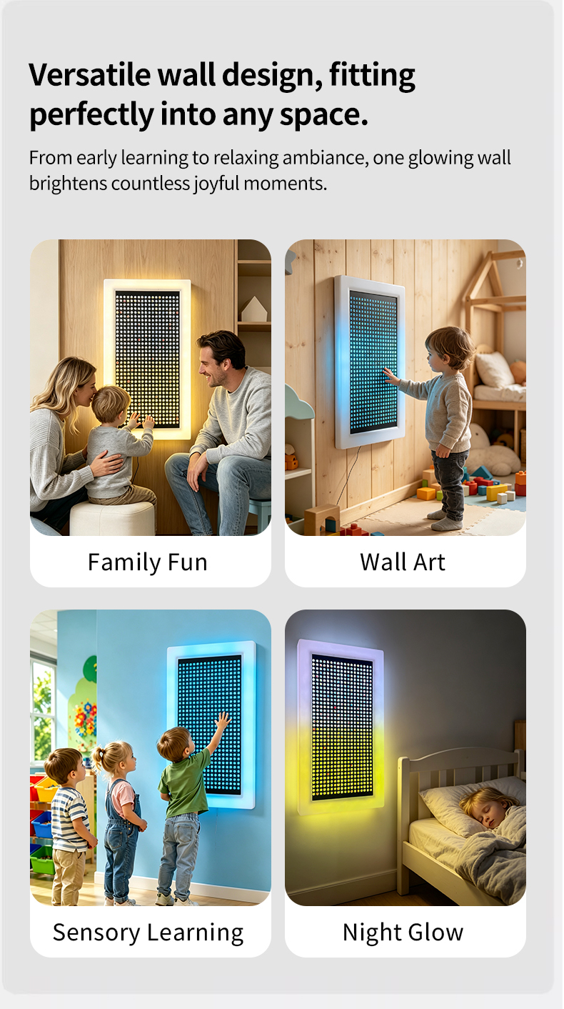 Interactive Sensory Wall LED Light Panel with RGB Color Changing and Customizable Dimensions for Kids Aged 2 to 14