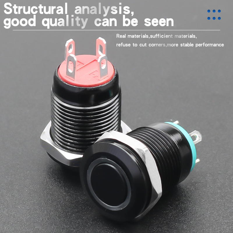 YZ 12mm Metal Push Button Switch Momentary 1NO Oxidized Black Shell High/Flat Head IP65 3A 4-Pin Power LED 6V-220V 100000