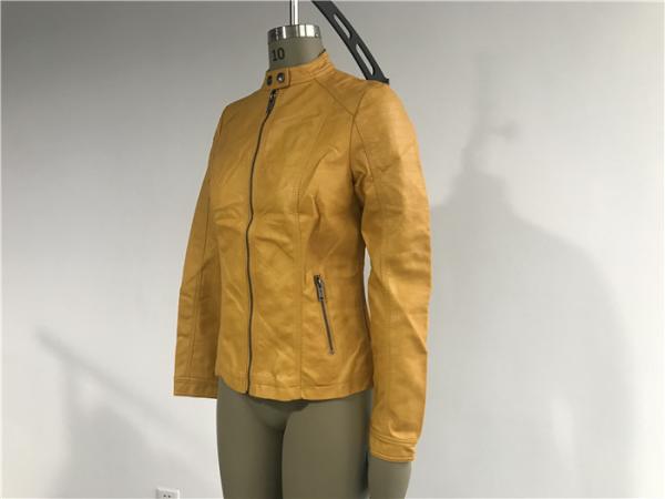Mandarin Collar  Pu Leather Coat , Mustard Upstyled Pleather Biker Jacket Tw74180