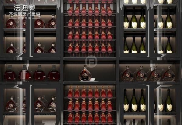 Stainless Steel Wine Cabinet With Black Glass Doors And Corner Storage
