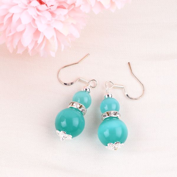 Handmade Crystal Stone Earrings Green Cat's Eye Gemstone Beaded Pendant Earrings