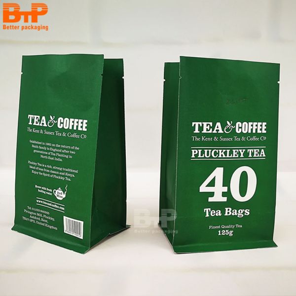 100g 200g 300g Aluminum Foil Quad Seal Flat Bottom Tea Coffee Printed Brown Kraft Paper Food Packaging Plastic Bag