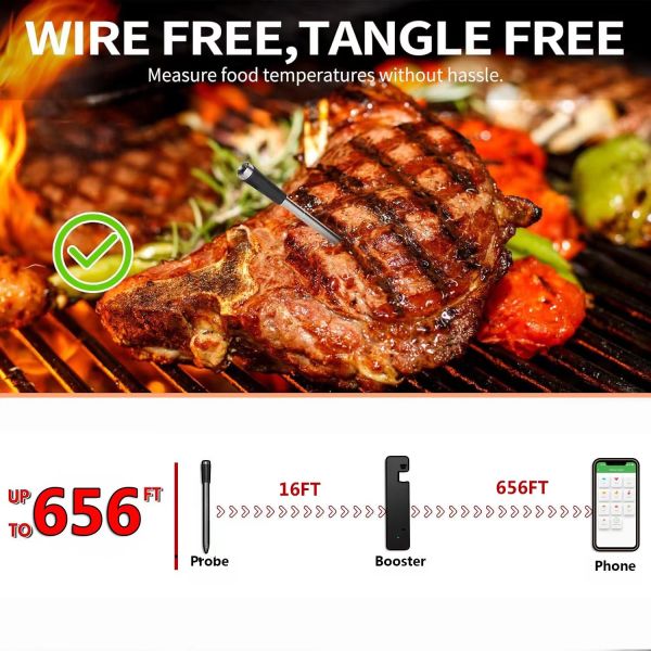Long distance 150m Remote Smart Bbq  Thermometer Instant Read Digital Bluetooth 5.0 Wireless Meat Thermometer 10 Modes  Meat Thermometer