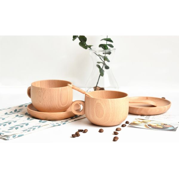 Insulated Beech Wooden Drinking Cups 200ml 250ml Retro Tea Cup With Handle