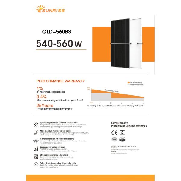 Anodized Aluminium Alloy Frame Residential Solar Panel 550W Mono-facial 182mm Cell
