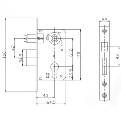 Gold Painting Mortise Lock Body With Cylinder Hole For 35 - 55mm Thickness Door
