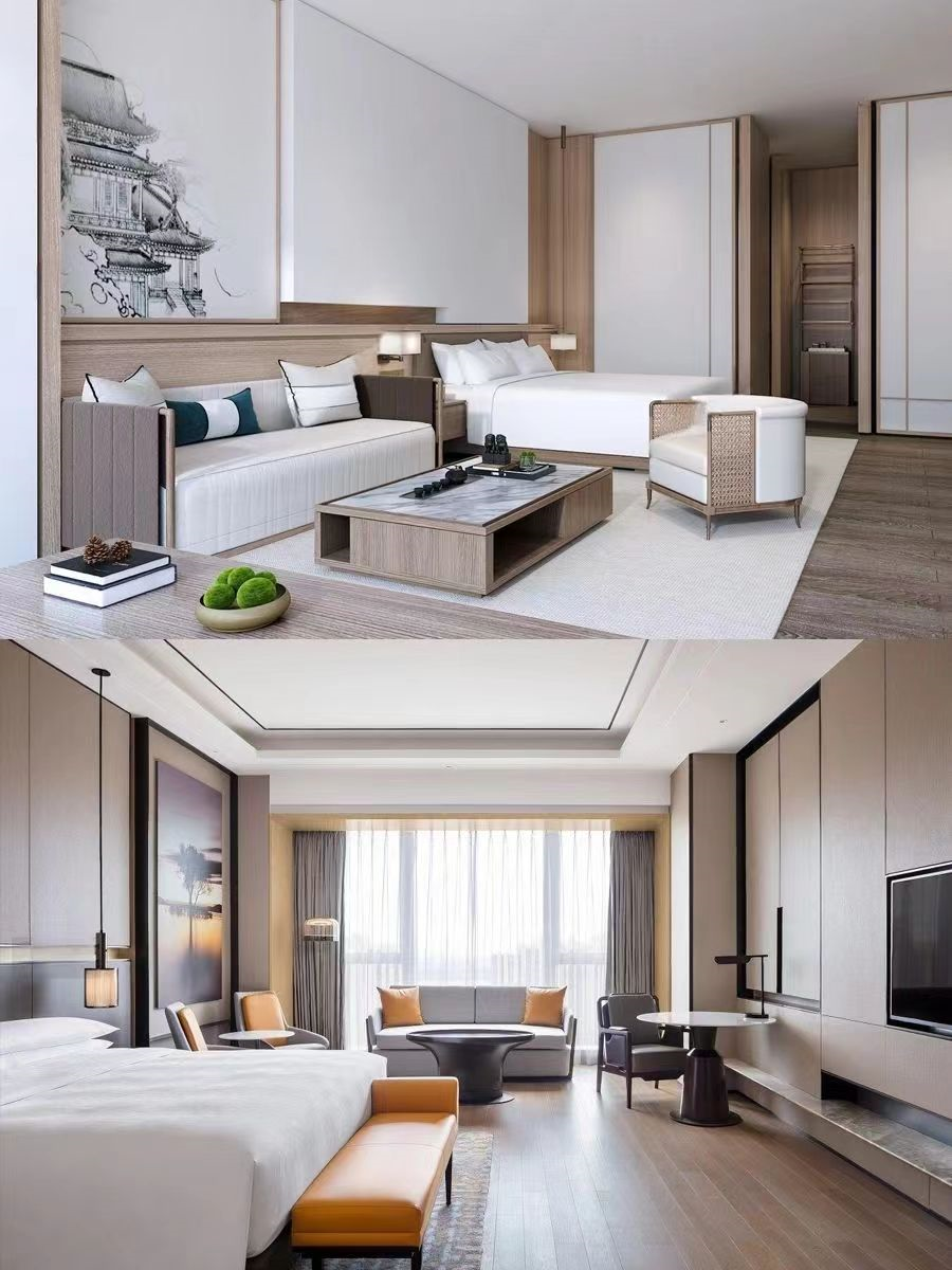 Luxury Modern Hotel Bedroom Furniture Sets Walnut Veneer Bed E1 Plywood Customized