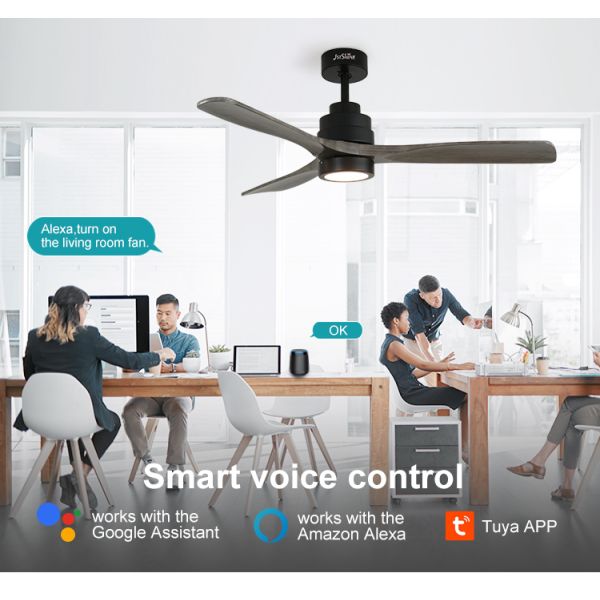 Controle remoto inteligente lâmina de madeira ventoinha de teto luz com 6 velocidades e DC motor de cobre