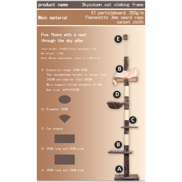 Sustainable Cat Tree Four Tier Floor-to-Ceiling Cat Climbing Tower with Cozy Hammock