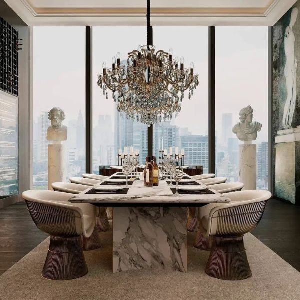 Restaurant Villa White Marble Top Dining Table 8 10 Metal Chairs Set
