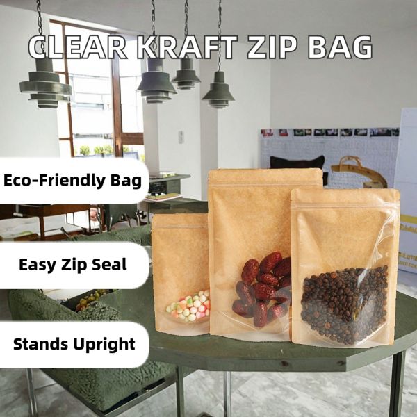 Brown Clear Front Recycled Kraft Paper Back Corner Flat Zip Lock Food Grade Digital/Gravure Printing Stand Pouch Packaging Bag