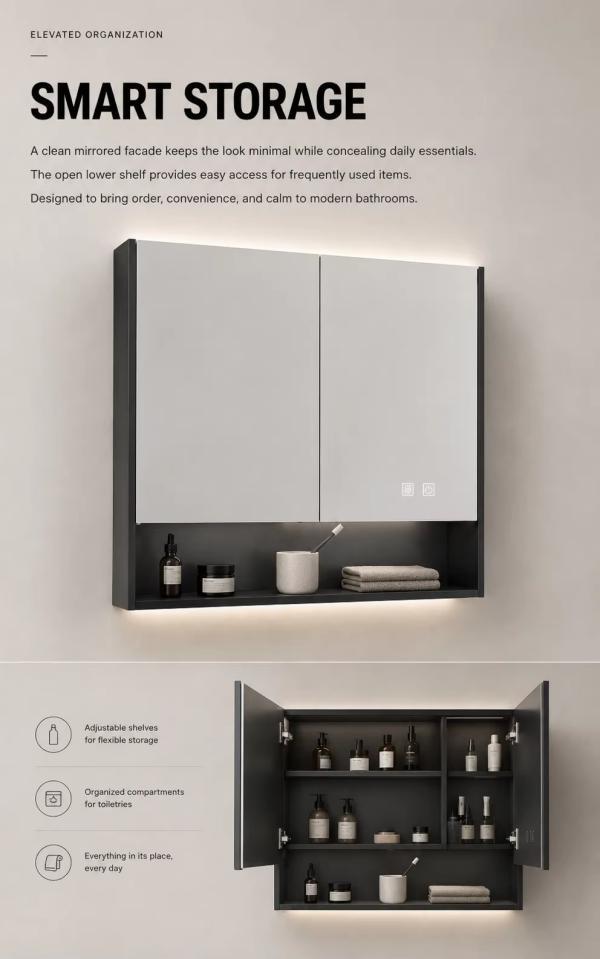 Kingstin LED Backlit Mirror Cabinet, Anti-Fog Aluminum Alloy Smart Bathroom Medicine Cabinet with Storage & USB
