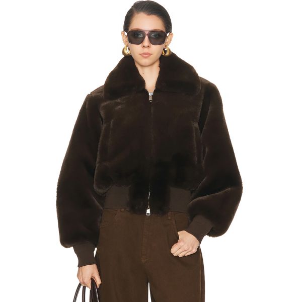 Chocolate Lapel Plush Faux Fur Short Jacket