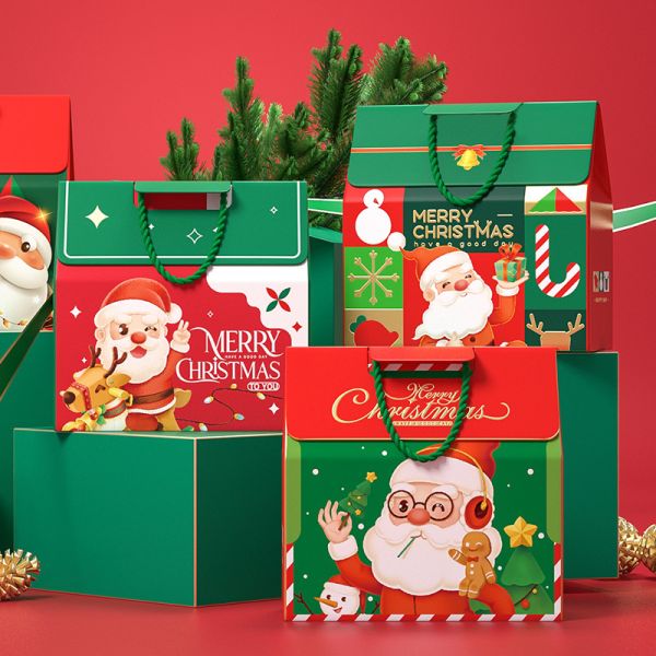 Caja de regalo de Navidad de lujo personalizada con asa, papel artístico de 157 g, cartón de 1000 g