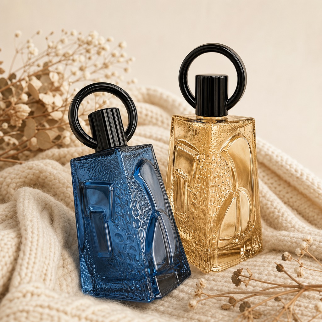 100ml Glass Perfume Bottles Textured Triangle Empty Ring Cap Crimp Neck Spray