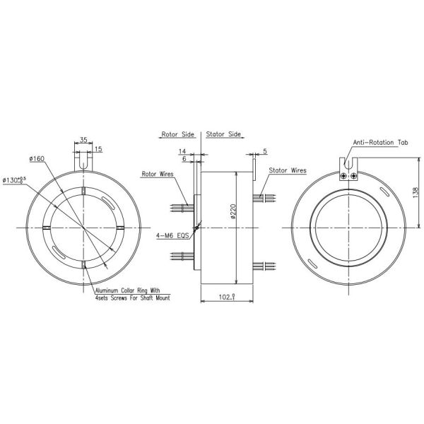 Напряжение тока кольца выскальзывания сигнала очистки сточных вод 130mm оптически роторное совместное 400 ВПТ