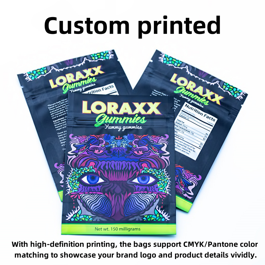 Vibrant Printed Stand Up Pouches For Gummies Packaging With Customizable High-Color Brand Pattern.