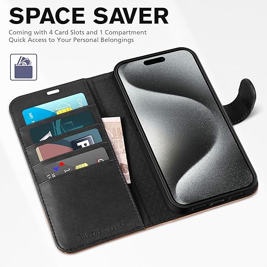 RFID Blocking 4 Card Slots Kickstand Shockproof TPU Interior Case for iPhone 15 Pro Max Leather Magnetic Wallet Case Case