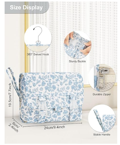 Small Hanging Toiletry Bag for Women, Floral Hanging Organizer | Portable Travel Bag for Travel-Sized Shower Dopp Kit, Waterproof Toiletries Organizer with 3 Compartments for Outdoor