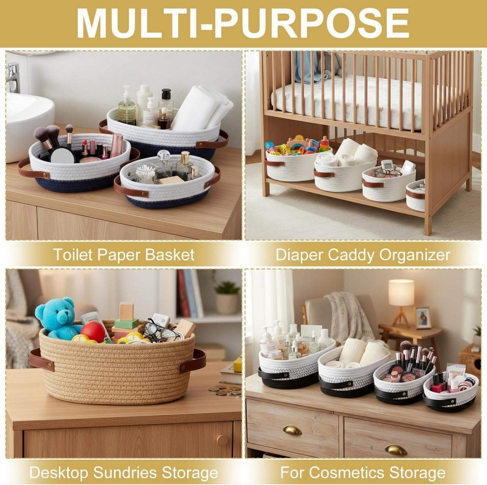 Foldable Cotton Woven Rope Storage Basket with Leather Handles
