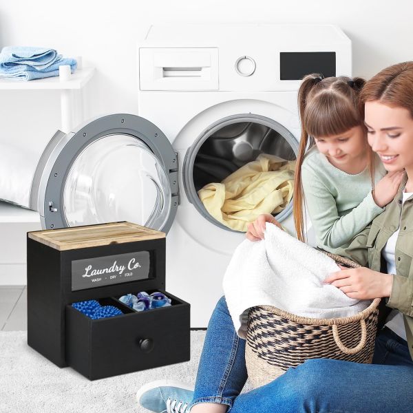 MDF Wood Customized Solid Wood Dryer Sheet Holder Laundry Pods Container Storage Box