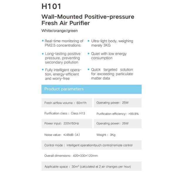 Purificador de aire de pared H13 60m3/H Suministro de aire fresco 25W