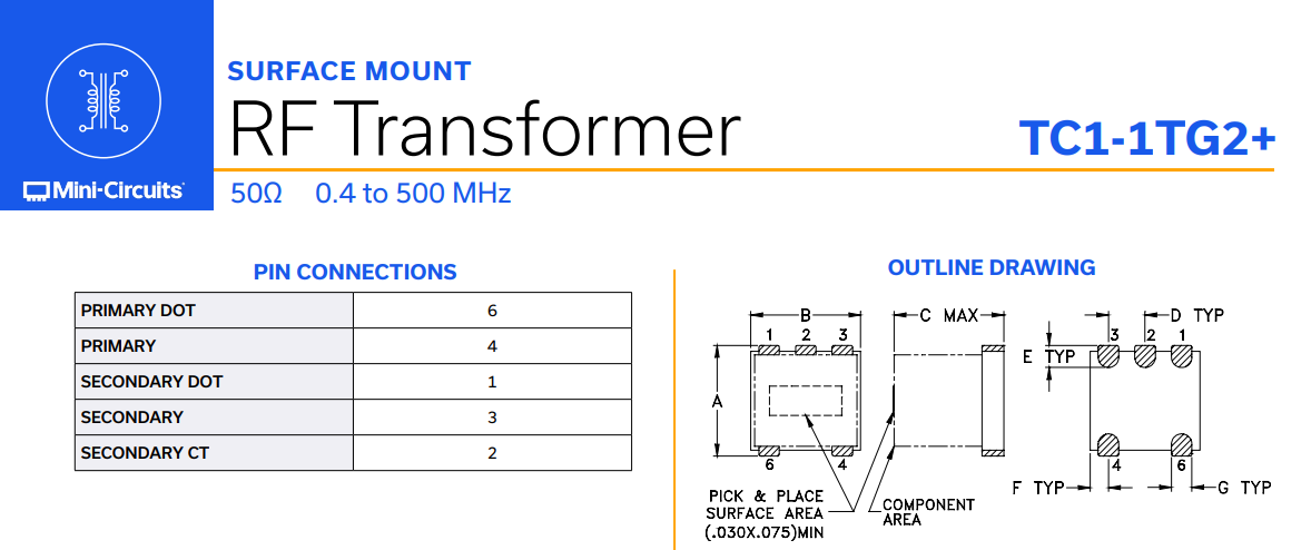 TC1-1TG2+ RF Balun Transformer 400kHz-500MHz 50 / 50Ohm 6-SMD