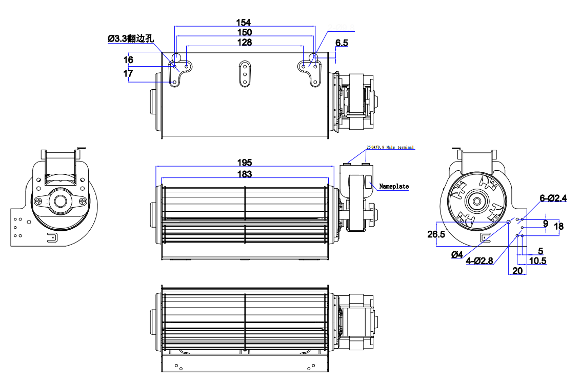 El flujo cruzado del arrabio aviva el ventilador 60HZ de 400m/h 180m m tangencial para el horno