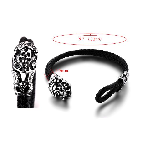 Man's leather bracelet man's stainless steel skull magnetic clasp bracelet