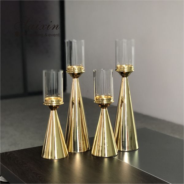 Golden Brass Taper Wedding Candle Holders Centerpiece Pillar 2 Pcs Set