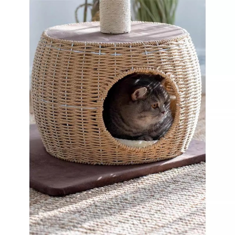 Rattan Modern Cat Tree with Nest Kennel and Scratching Post Four Seasons Universal Carton Packed Halloween/Christmas Decor