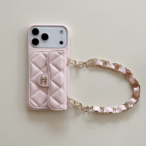 Lychee Pattern Card Holder iPhone 17 Pro Max Phone Case with Handheld Short Chain Leather 16 Pro Protective Cover