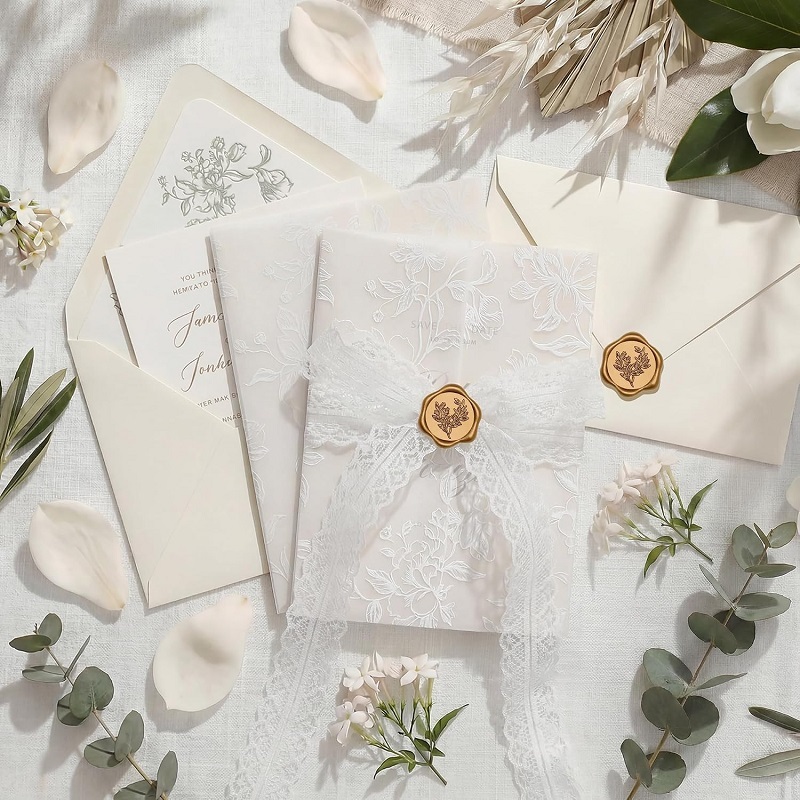 Custom vellum jacket wedding invitation cards with wax seal and ribbon
