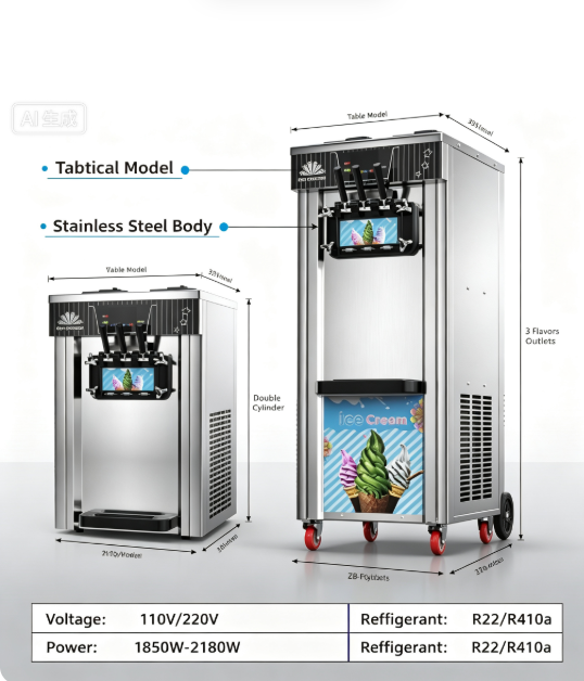Commercial Soft Serve Ice Cream Machine with Double Cylinder Stainless Steel Design for 3 Flavors