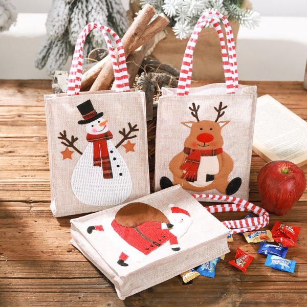 Santa Snowman Elk Christmas Gift Striped Linen Hanging Leg Tote with Custom Logo