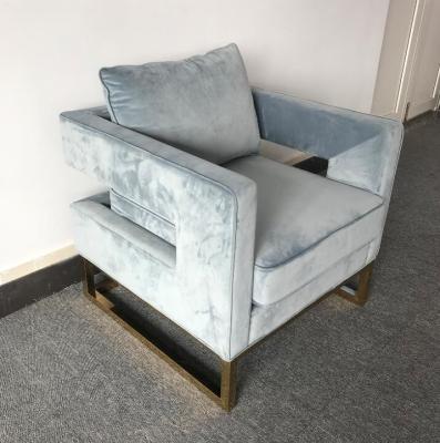 Blue Velvet Fabric And Inflatable Cushion Living Room Couches With Golden Brass Metal Base