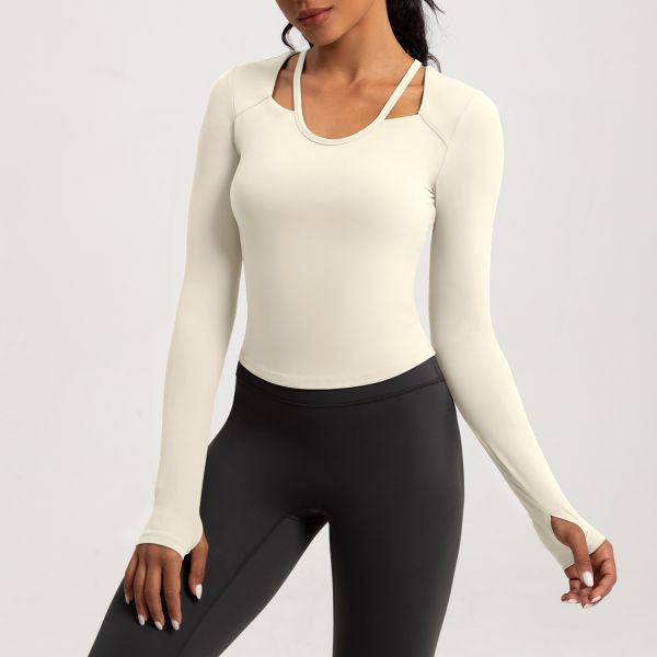Brown Cutout Long Sleeve Yoga Top Buttery Soft Compression Fabric Thumbholes Design for Workout Running and Daily Wear