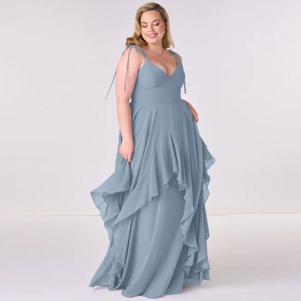 New Style V-neck Dusty Blue Chiffon Tiered A-line Bridesmaid Dress Zipper Ruffles Floor-Length Spaghetti Straps