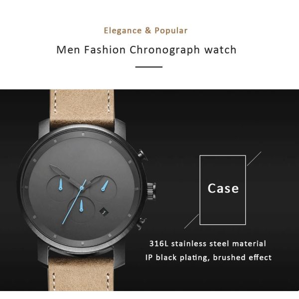 Leather Band MVMTed Black Waterproof Wrist Watch 42mm / Customized Size Case